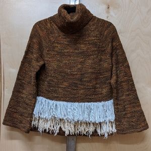 Vintage Brown Wool Cowelneck Sweater with Fringe M